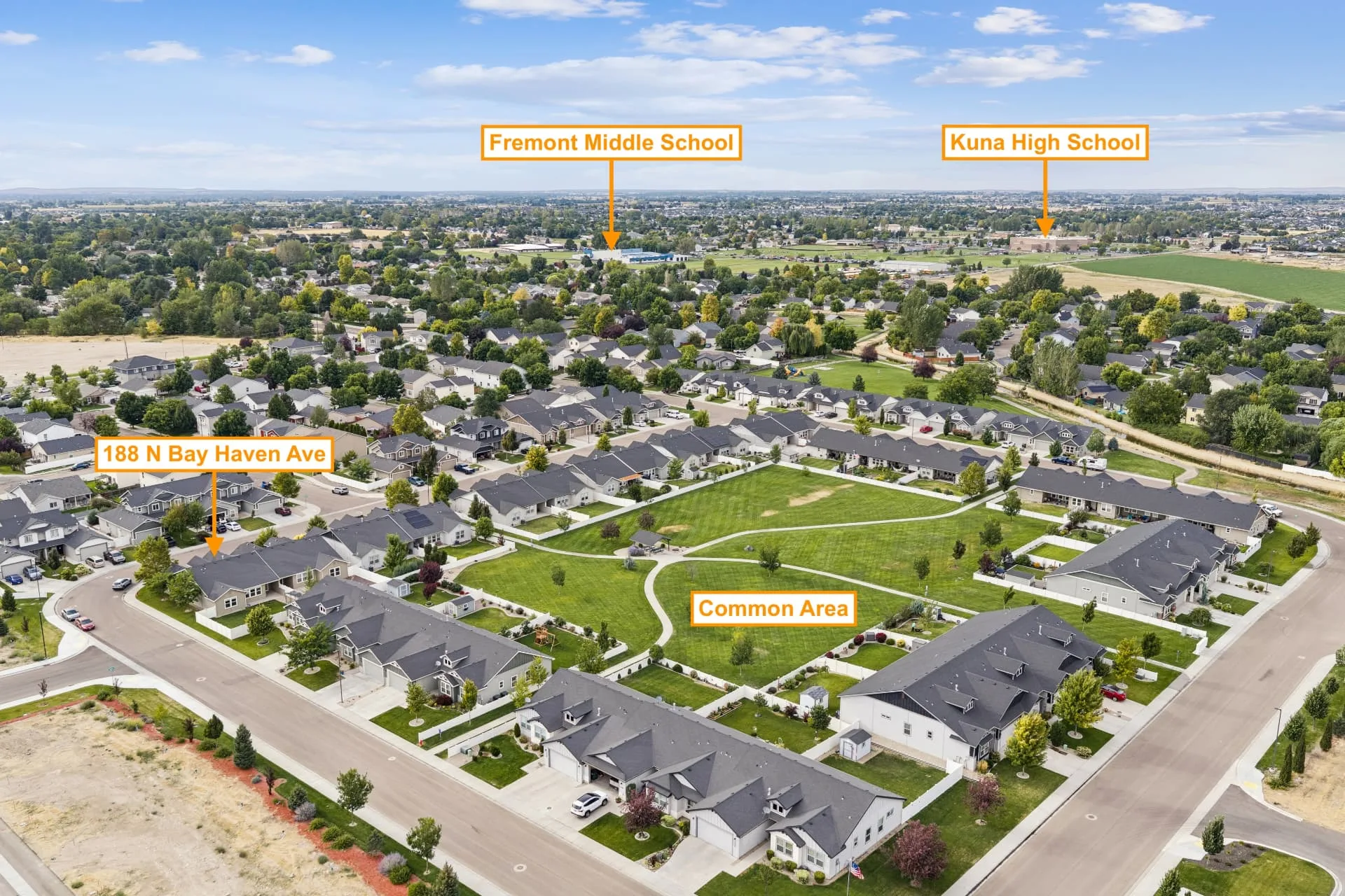 Aerial photograph of the Kuna neighborhood with labels marking 188 N Bay Haven Ave and the community common area