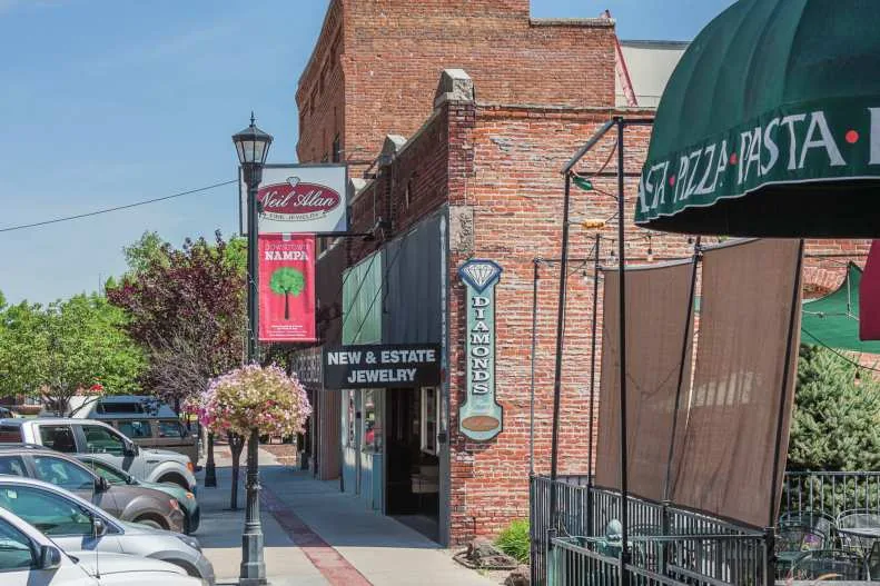 Shops and restaurants in historic downtown Nampa, Idaho
