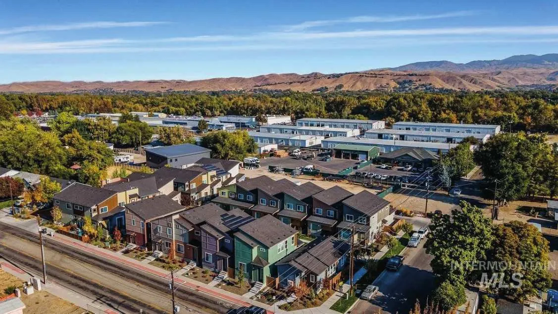 Aerial view of the riverfront Live-Work-Create district in Garden City, Idaho