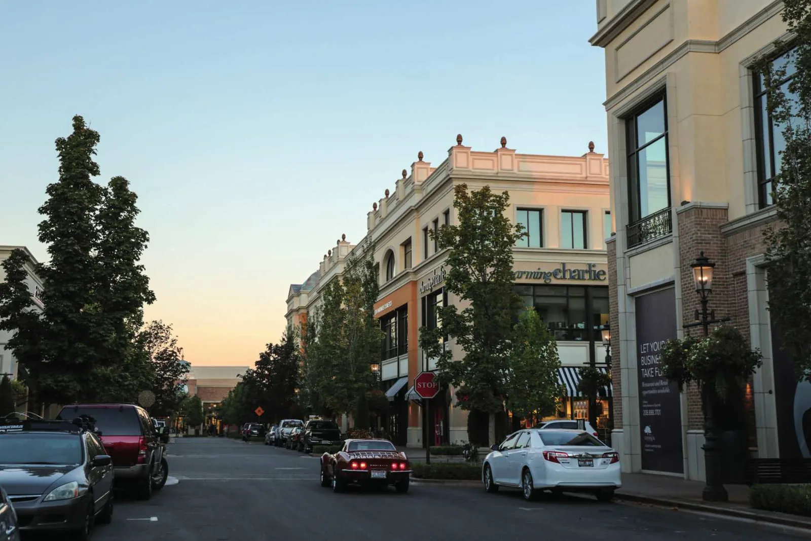 Tree-lined shopping street at dusk in Meridian, Idaho