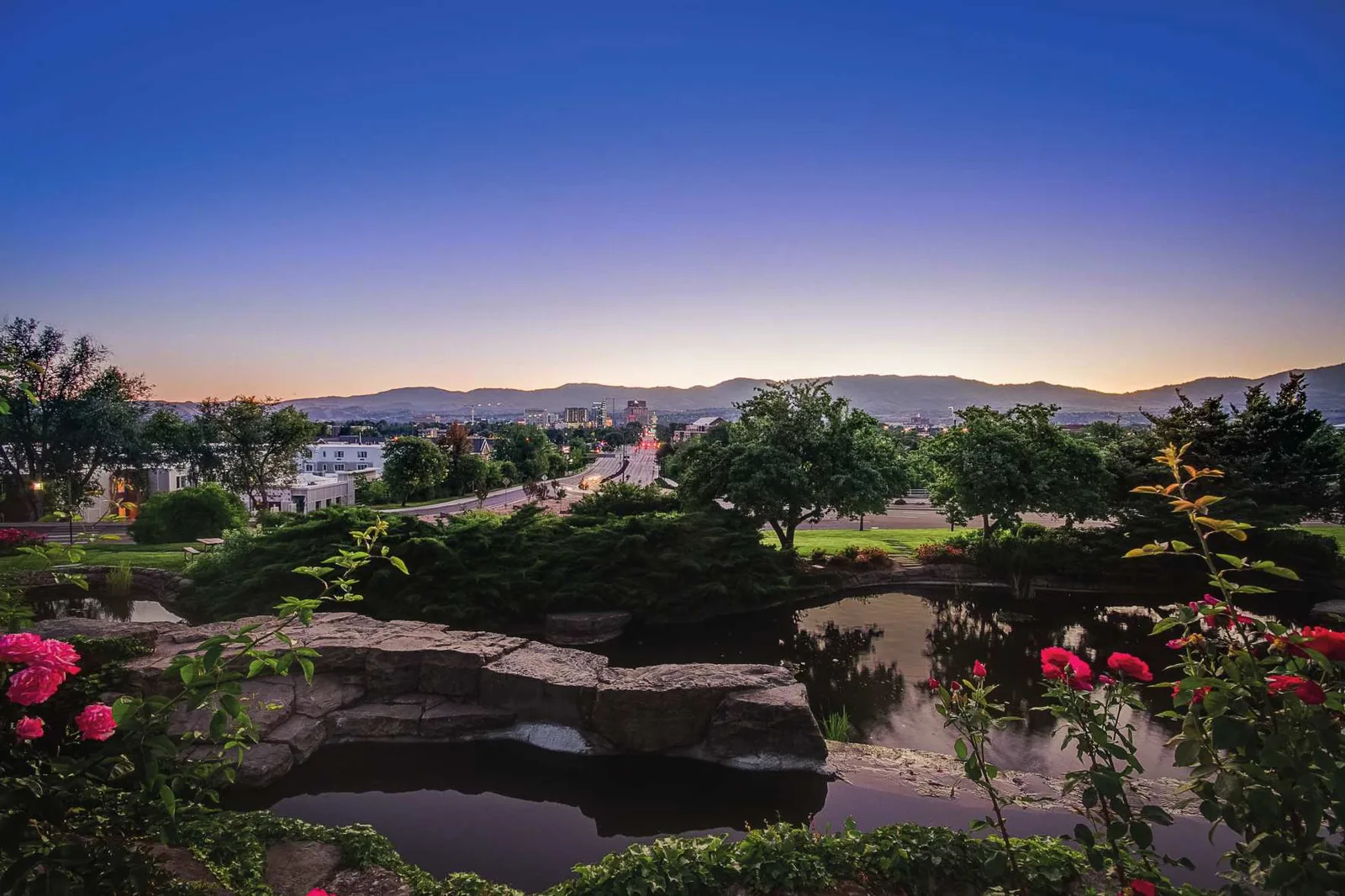 Sunset over a park pond in Boise, Idaho