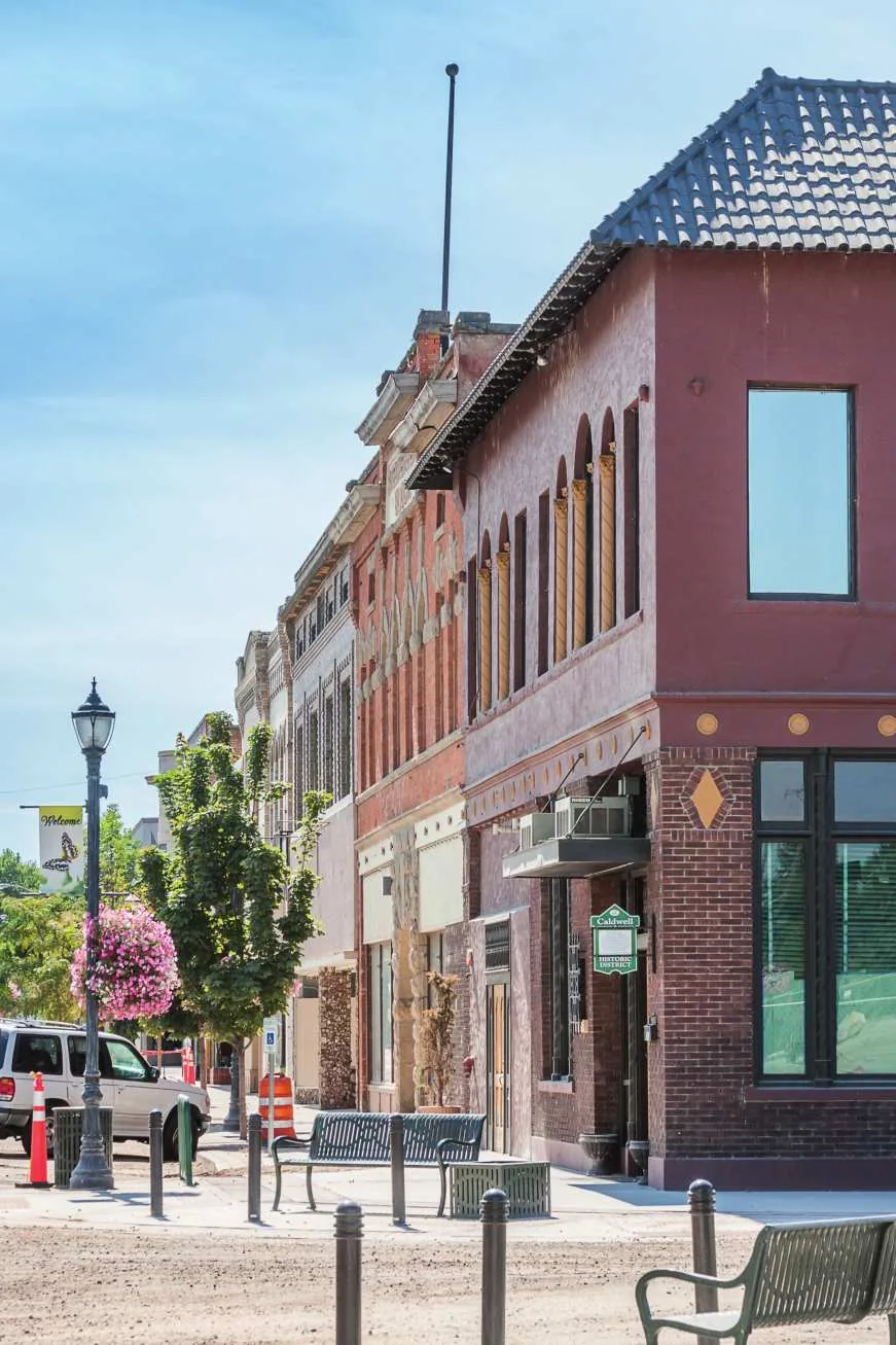 Brick buildings along a downtown street in Caldwell, Idaho